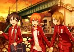  3girls :d bag black_hair blush bon brown_hair gym_uniform highres hoshizora_rin jacket koizumi_hanayo long_hair long_sleeves love_live!_school_idol_project multiple_girls open_clothes open_jacket open_mouth orange_hair outdoors red_eyes shirt short_hair smile track_suit twintails white_shirt wrist_grab yazawa_nico yellow_eyes 