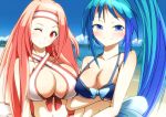 2girls aqua_hair beach bikini blue_eyes blush breasts chiyome_(p&amp;d) cleavage criss-cross_halter front-tie_top hairband halter_top halterneck hatsume_(p&amp;d) long_hair looking_at_viewer merry_(diameri) multiple_girls navel one_eye_closed pink_hair ponytail puzzle_&amp;_dragons red_eyes smile strap_gap swimsuit very_long_hair wink 