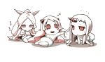  3girls airfield_hime armored_aircraft_carrier_hime baby chewing diaper eiri_(eirri) horns kantai_collection long_hair multiple_girls musical_note open_mouth pale_skin ponytail red_eyes seaport_hime shinkaisei-kan sweatdrop white_hair younger 