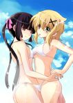  2girls akatsuki_kirika ass bikini black_hair blonde_hair breast_press green_eyes hinahime long_hair multiple_girls red_eyes senki_zesshou_symphogear short_hair swimsuit symmetrical_docking tongue tongue_out tsukuyomi_shirabe twintails 