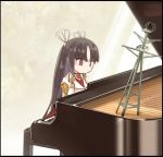  1girl 2girls black_hair hiyou_(kantai_collection) instrument kantai_collection long_hair multiple_girls piano playing_piano red_eyes solo uriah-oyu 