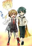  2boys anger_vein black_clothes blonde_hair blouse clenched_hand colored_eyelashes d: d:&lt; fang genderswap gradient gradient_background grasshopper green_eyes green_hair highres kinnkonnsousai mary_janes multiple_boys necktie open_mouth pants red_eyes rumia shoes short_pants socks touhou translation_request walking wavy_mouth wriggle_nightbug 