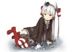  1girl amatsukaze_(kantai_collection) blush brown_eyes kantai_collection long_hair looking_at_viewer nosuku personification solo striped striped_legwear thighhighs twintails water wet white_hair 