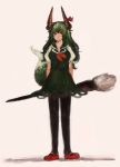  1girl ascot black_legwear blush bow breasts dress ex-keine green_dress green_hair highres holding horns kamishirasawa_keine long_hair looking_to_the_side mary_janes paintbrush puffy_sleeves red_eyes red_shoes shoes slvtr standing tail touhou 