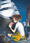  1girl apron brown_eyes brown_hair drinking drinking_straw glasses kusakabe_(kusakabeworks) looking_at_viewer original paint_on_face paintbrush painting painting_(object) red-framed_glasses short_ponytail 