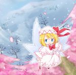  1girl blonde_hair blue_eyes blush bow capelet dress fairy fairy_wings hat lily_white long_sleeves open_mouth petals short_hair snow snowing solo touhou tree white_dress wings yamabuki_(yusuraume) 