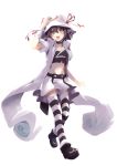  1girl choker facial_mark green_eyes hand_on_headwear hat highres jijii48 merry_nightmare midriff navel open_mouth pointy_ears purple_hair ribbon short_hair simple_background skirt solo striped striped_legwear thighhighs white_background yumekui_merry zettai_ryouiki 