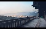  architecture cityscape east_asian_architecture forest kusakabe_(kusakabeworks) kyoto kyoto_tower landmark letterboxed nature no_humans original real_world_location sky traffic_cone 