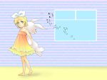  1girl ataru_(7noise) barefoot blonde_hair dress expressionless full_body hair_ornament hairband hairclip kagamine_rin looking_at_viewer solo stuffed_animal stuffed_toy vocaloid 