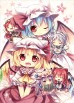  &gt;_&lt; 6+girls :3 :d :o ^_^ animal_ears apron ascot bat_wings blue_hair book braid cat_ears cat_tail chibi closed_eyes crescent_hair_ornament fang flandre_scarlet hair_ornament hat hat_ribbon hat_with_ears head_wings highres hong_meiling izayoi_sakuya kagami_leo kemonomimi_mode koakuma looking_at_viewer maid maid_headdress marker_(medium) multiple_girls one_eye_closed open_mouth patchouli_knowledge pencil_crayon_(medium) purple_hair reading red_eyes redhead remilia_scarlet ribbon shirt side_ponytail silver_hair skirt skirt_set smile tail teapot touhou traditional_media twin_braids v_arms vest violet_eyes waist_apron wings wink x3 