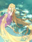  1girl barefoot blonde_hair dress flower hair_flower hair_ornament highres long_hair nora_(kukumaka23) on_grass pascal_(tangled) purple_dress rapunzel_(disney) solo_focus tangled very_long_hair 