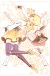  1girl blonde_hair charlotte_(madoka_magica) detached_sleeves drill_hair fingerless_gloves flower gloves gun hair_ornament hairpin high_heels magical_girl magical_musket mahou_shoujo_madoka_magica merula pleated_skirt puffy_sleeves skirt solo striped striped_legwear thighhighs tomoe_mami twin_drills vertical-striped_legwear vertical_stripes weapon witch_(madoka_magica) yellow_eyes 