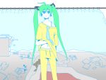  1girl ataru_(7noise) expressionless flat_color green_hair hatsune_miku indoors looking_at_viewer messy midriff pajamas room solo standing twintails vocaloid 