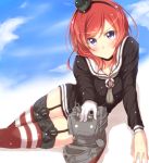  1girl amatsukaze_(kantai_collection) amatsukaze_(kantai_collection)_(cosplay) blush choker cosplay garter_straps jiino kantai_collection looking_at_viewer love_live!_school_idol_project nishikino_maki red_legwear redhead rensouhou-kun sky solo thighhighs violet_eyes 