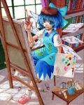  1girl apron ascot beret blue_eyes blue_hair book bookshelf bow brush canvas_(object) cirno cup curtains dress easel hair_bow hat indoors kabaji looking_away messy mouth_hold oil_painting_(medium) paint paintbrush painting painting_(object) palette puffy_short_sleeves puffy_sleeves raised_hand short_hair short_sleeves sitting slippers socks solo touhou traditional_media window wings 