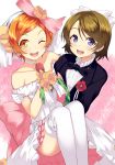  2girls :d ;d bare_shoulders brown_hair carrying dress flower gloves hair_flower hair_ornament hair_ribbon highres hoshizora_rin koizumi_hanayo looking_at_viewer love_live!_school_idol_project microphone multiple_girls one_eye_closed open_mouth ponkotsu_(ayarosu) princess_carry ribbon short_hair smile thighhighs tuxedo violet_eyes white_dress white_gloves white_legwear wink 