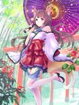  1girl animal_ears aratakosu_(tako&#039;s) bamboo fox_ears fox_tail garter_straps hakama_skirt highres japanese_clothes long_hair off_shoulder oriental_umbrella original parasol parted_lips ribbon-trimmed_collar ribbon-trimmed_legwear ribbon-trimmed_sleeves ribbon_trim tabi tail thighhighs torii umbrella violet_eyes white_legwear 