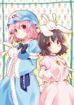  2girls :&lt; animal_ears animal_on_head arm_garter black_hair blush border bow breast_rest breasts bunny_tail carrot_necklace colored_shadow dress hands_on_hips holding_animal inaba_tewi japanese_clothes kapuchii kimono long_sleeves looking_at_viewer mob_cap multiple_girls obi patterned_background pink_dress pink_hair puffy_short_sleeves puffy_sleeves rabbit rabbit_ears red_eyes saigyouji_yuyuko sash shadow short_hair short_sleeves side_glance sleeves_past_wrists smile tail touhou triangular_headpiece white_background 
