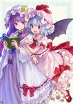  2girls ama-tou arm_hug ascot bat_wings blue_eyes blue_hair book brooch coat crescent_hair_ornament dress fang hair_ornament hair_ribbon hat hat_ribbon jewelry long_hair long_sleeves mary_janes mob_cap multiple_girls open_clothes open_coat open_mouth patchouli_knowledge pink_dress pink_eyes puffy_sleeves purple_dress purple_hair remilia_scarlet ribbon shoes short_sleeves smile striped striped_dress touhou tress_ribbon very_long_hair wide_sleeves wings wrist_cuffs 