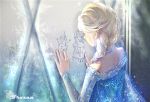  1girl anna_(frozen) bare_shoulders blonde_hair blue_dress braid copyright_name dress elsa_(frozen) frozen_(disney) ice kirayoci long_hair olaf_(frozen) single_braid solo window 