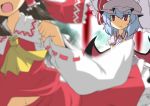  2girls ascot bat_wings black_hair blue_hair blurry bow clenched_hand commentary depth_of_field dress fang gomasamune hair_ornament hair_ribbon hair_tubes hakurei_reimu hat hat_bow hat_ribbon head_out_of_frame multiple_girls navel open_mouth parasol red_dress red_eyes remilia_scarlet ribbon short_hair sweatdrop tagme touhou umbrella wings 