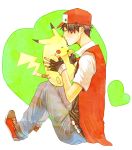  1boy full_body hat kiss male pikachu pokemon pokemon_(creature) red_(pokemon) sitting solo t-shirt vest yoshio_(k0510) 