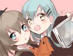  2girls aqua_eyes aqua_hair ascot blazer blush breasts brown_hair cellphone hair_ornament hairclip kantai_collection kumano_(kantai_collection) long_hair mirakuruone multiple_girls open_mouth personification phone ponytail school_uniform self_shot shirt smartphone smile suzuya_(kantai_collection) 