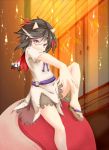  1girl bare_legs black_hair dress foreshortening highres horns impossible_spell_card kijin_seija killing multicolored_hair orb red_eyes sandals short_hair short_sleeves sitting_on_object touhou yin_yang 