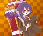  1girl bat coffin glasses hat hitsugi_katsugi_no_kuro holding holding_hat kazaki_(akllab) kuro_(hitsugi_katsugi_no_kuro) looking_at_viewer necktie pointy_ears purple_hair red_eyes reverse_trap smile solo 