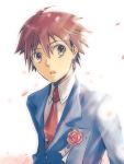  1boy ataru_(7noise) blazer brown_hair cherry_blossoms looking_away male necktie open_mouth original school_uniform solo 