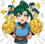  1girl absurdres blush breasts cheerleader dress fire_emblem fire_emblem:_rekka_no_ken fire_emblem_heroes gloves green_eyes green_hair high_ponytail highres jewelry large_breasts long_hair looking_at_viewer lyndis_(fire_emblem) ormille ponytail simple_background smile solo very_long_hair 