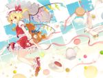  1girl 6u_(eternal_land) ascot bare_legs bird blonde_hair blue_sky blush bobby_socks candy cup feathers flandre_scarlet flower food hat looking_at_viewer macaron mary_janes open_mouth parasol petals red_eyes ribbon saucer shoes short_hair side_ponytail skirt skirt_set sky smile socks solo stuffed_animal stuffed_toy sugar_cube sweets tea teacup teapot teddy_bear touhou umbrella wings wrist_cuffs 