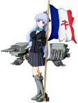  1girl blue_eyes blue_hair boots breasts flag free_french_flag free_french_navy greaves high_heels highres kantai_collection konton_shinpu long_hair military military_uniform original personification richelieu scarf skirt solo sword turret uniform weapon 