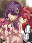  3girls child closed_eyes couple family hair_ornament hand_on_shoulder head_wings holding if_they_mated koakuma long_hair mother_and_daughter multiple_girls patchouli_knowledge pink_hair purple_hair redhead smile touhou yohane yuri 