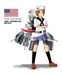  1girl america american_flag bike_shorts blue_eyes brown_hair character_name crossed_arms dixie_cup_hat hat highres kantai_collection kneehighs mary_janes original personification school_uniform serafuku shoes short_hair skirt smile solo turret u-tan_(artist) us_navy uss_johnston_(dd-557) world_war_ii 