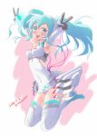  1girl 2014 aqua_eyes aqua_hair armpits artist_name boots covered_navel dated double_v elbow_gloves gloves hatsune_miku jumping open_mouth racequeen solo thigh_boots thighhighs totsuki_touka_(orange_factory) twintails v vocaloid 