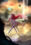  castle child_of_light_(game) crown highres holly_(artist) igniculus long_hair pink_hair princess_aurora scenery sword weapon wings 