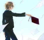  1boy backlighting blonde_hair blue_eyes blue_sky book dangan_ronpa dgrpak flying_paper formal glasses necktie paper school_uniform short_hair sky suit togami_byakuya 