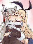  2girls amatsukaze_(kantai_collection) armpits blonde_hair blush closed_eyes elbow_gloves gloves hair_ribbon hairband highres hug kantai_collection multiple_girls nam_(valckiry) one_eye_closed ribbon shimakaze_(kantai_collection) silver_hair smile twintails wink yellow_eyes 