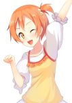  1girl ;d arm_up casual hair_bobbles hair_ornament hoshizora_rin komyaari love_live!_school_idol_project one_eye_closed one_side_up open_mouth orange_hair paw_pose short_hair side_ponytail smile wink 