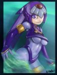  1girl android blue_eyes bodysuit breasts crop_top detached_sleeves helmet leviathan_(rockman) one_eye_covered rockman rockman_zero solo under_boob xdraws 