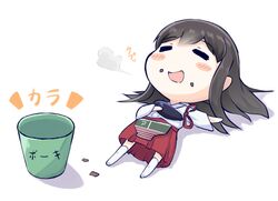  1girl =_= akagi_(kantai_collection) armor brown_hair bucket chibi closed_eyes food food_on_face japanese_clothes kantai_collection kuronekosan long_hair lying muneate open_mouth solo thigh-highs 