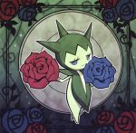  blue_eyes blue_rose eyelashes flower frame looking_at_viewer no_humans pokemon pokemon_(creature) red_rose rose roselia smile sparkle spikes thorns vines yukika 