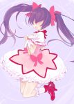  1girl :d alternate_costume alternate_hairstyle bow choker earrings frills gloves hair_bow hair_over_eyes high_heels highres jewelry kaname_madoka kaname_madoka_(cosplay) kaze_yaku kyoukai_senjou_no_horizon long_hair magical_girl mahou_shoujo_madoka_magica mukai_suzu open_mouth puffy_sleeves purple_hair seiyuu_connection smile socks solo twintails yuuki_aoi 