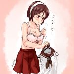  1girl blush bra breasts brown_eyes brown_hair hairband highres kantai_collection large_breasts nam_(valckiry) natori_(kantai_collection) pink_bra short_hair solo sweatdrop translated underwear undressing uniform wavy_mouth 