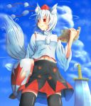 1girl animal_ears bare_shoulders black_legwear breasts detached_sleeves fang hat highres holding inubashiri_momiji looking_away midriff navel paper pom_pom_(clothes) red_eyes shield shirt short_hair silver_hair skirt sword tail thighhighs tokin_hat touhou weapon white_shirt wolf_ears wolf_tail 