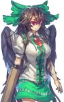  1girl arm_cannon arms_at_sides bangs black_wings bow breasts brown_hair cape green_skirt hair_bow hair_ribbon large_breasts long_hair looking_away puffy_short_sleeves puffy_sleeves red_eyes reiuji_utsuho ribbon short_sleeves skirt smile solo standing temmasa22 third_eye touhou very_long_hair weapon white_blouse wings 