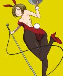  1girl animal_ears ass brown_eyes brown_hair bunny_tail bunnysuit from_below legs meiko microphone pantyhose puge rabbit_ears short_hair tail tray vocaloid wrist_cuffs 