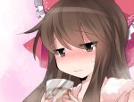 1girl blush bow brown_eyes brown_hair bust commentary_request cup hair_bow hakurei_reimu hammer_(sunset_beach) long_hair payot solo touhou wavy_mouth 