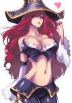  1girl blue_eyes breasts cleavage detached_sleeves devildogs hair_twirling hat highres large_breasts league_of_legends long_hair looking_at_viewer midriff mound_of_venus navel parted_lips pirate_hat redhead sarah_fortune simple_background solo very_long_hair white_background 